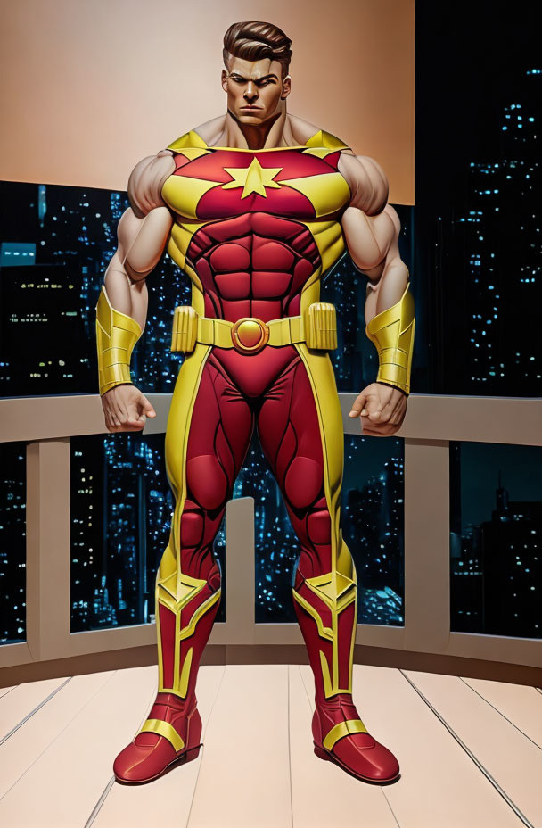 Muscular superhero with star emblem in red and yellow suit against night cityscape