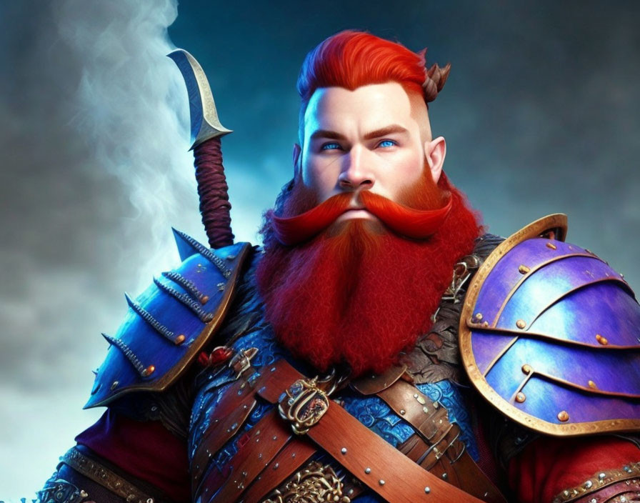 Animated warrior with red beard in blue and red armor holding battle-axe