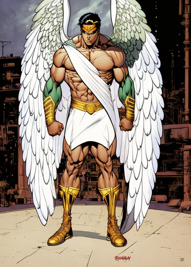 Muscular winged superhero with white sash, gold accessories, confidently standing in urban setting