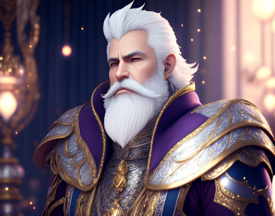 Regal animated king in purple and gold armor with white beard