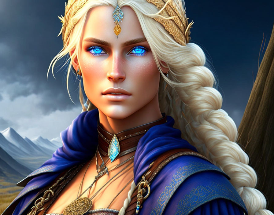 Fantasy elf portrait with blue eyes, white hair, blue & gold jewelry