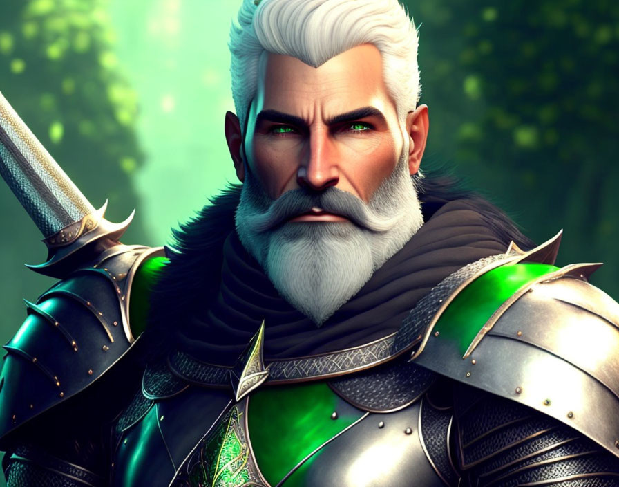Grey-haired knight in silver armor with sword - Detailed Rendered Image