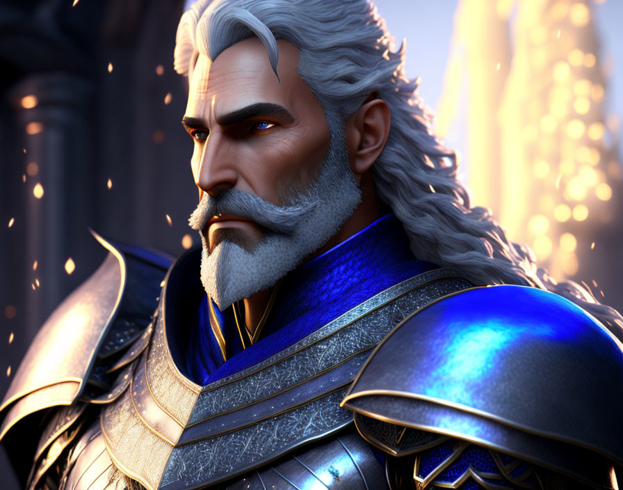 Animated character in blue & silver armor with white hair and beard in 3D render