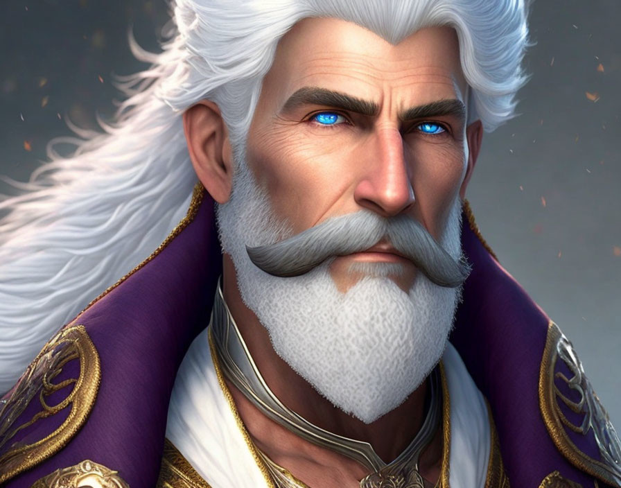 Elderly man illustration with blue eyes, white beard, purple cloak