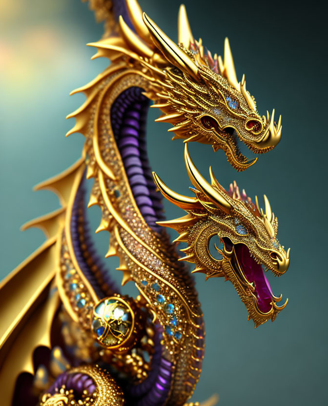 Detailed 3D illustration: Golden dragons with intricate designs, jewels, and teal background