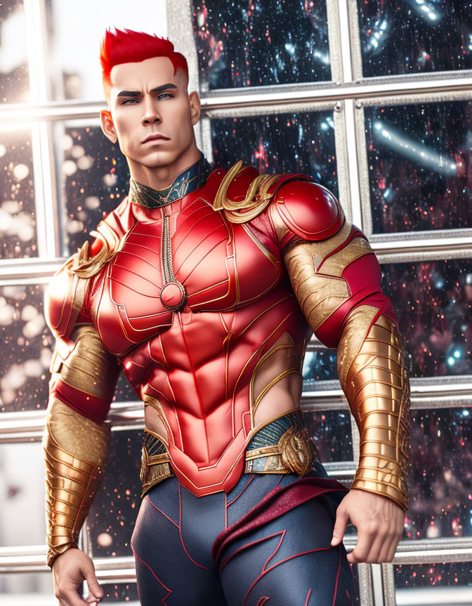 Red-haired male superhero in red and gold costume against cityscape.