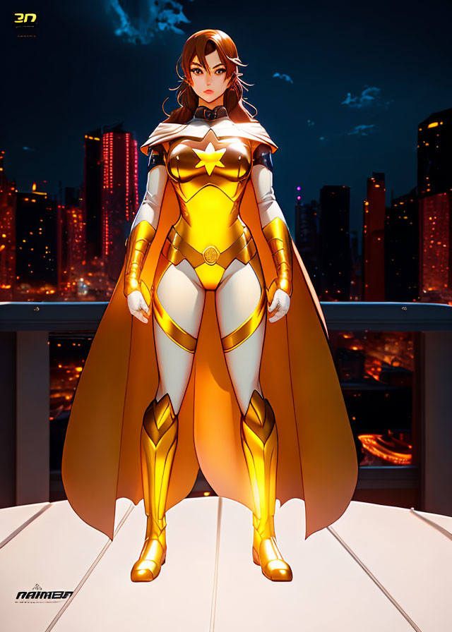 Female superhero in gold and white costume on twilight rooftop.
