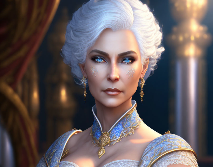 Aristocratic woman with white hair in gold and blue attire