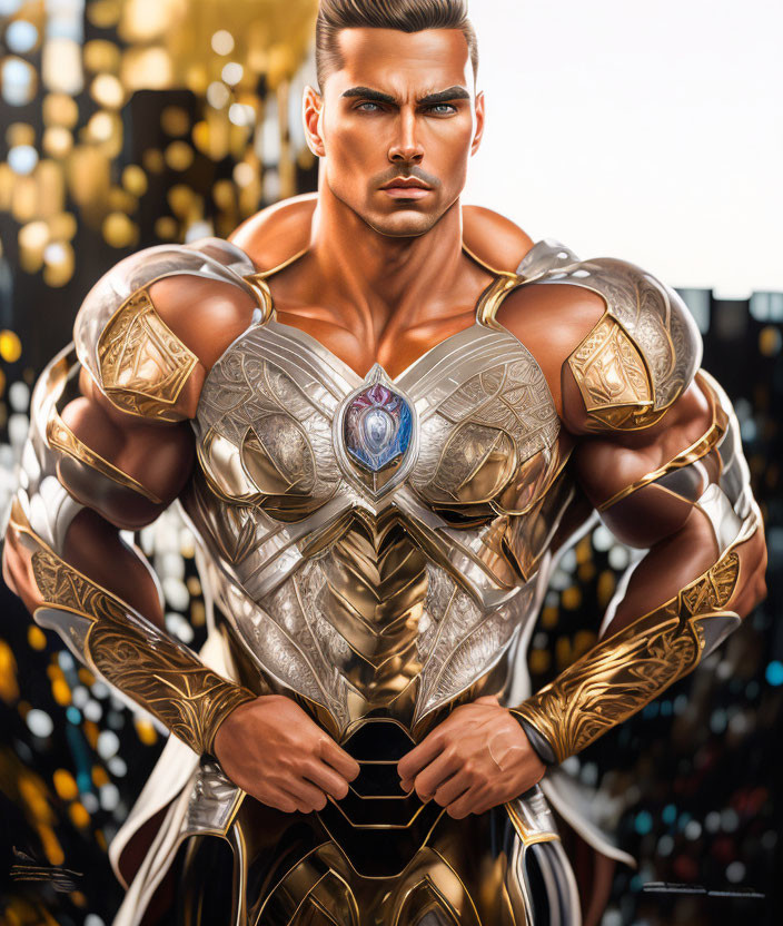 Muscular male superhero in golden armor with blue gemstone, cityscape background