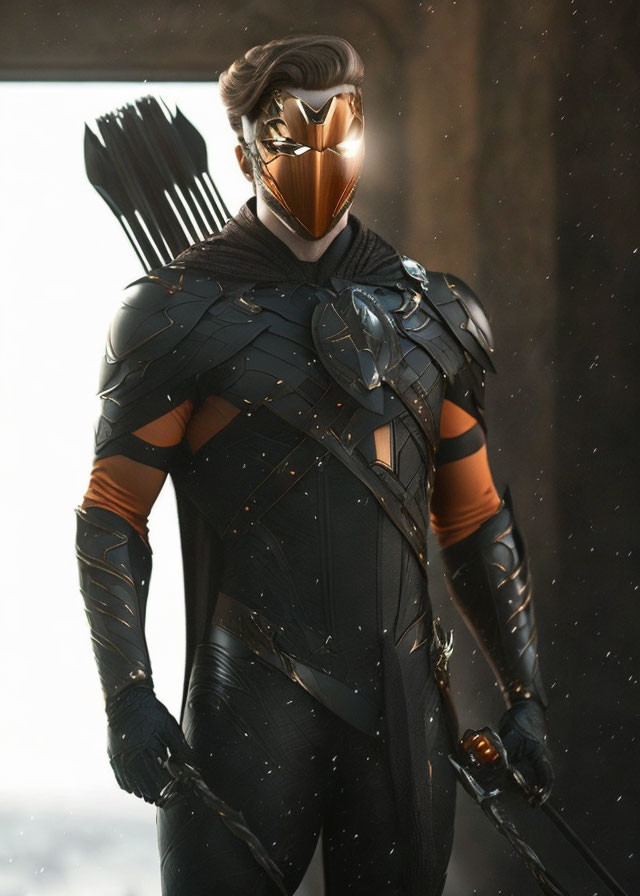 Black and copper armored figure with mask and quiver of arrows.