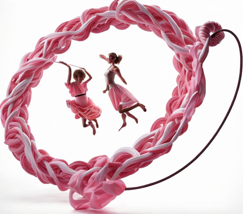 Two girls in pink dresses holding candy-like structure in mid-air