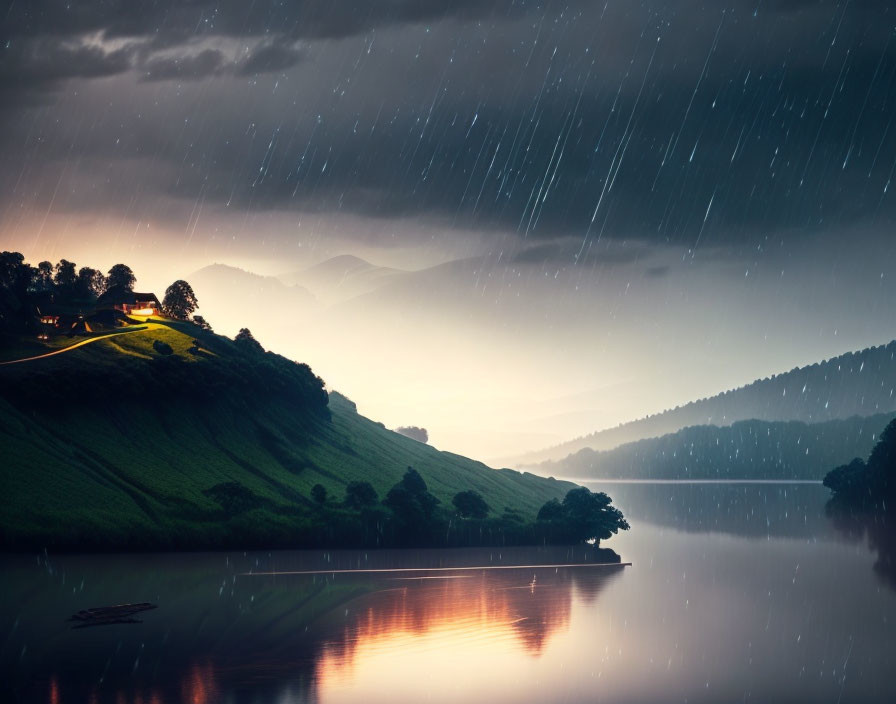Tranquil rain streaks over glowing hillside by reflective lake at twilight