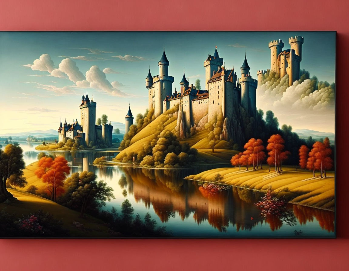 Majestic castle painting with autumn trees and calm river