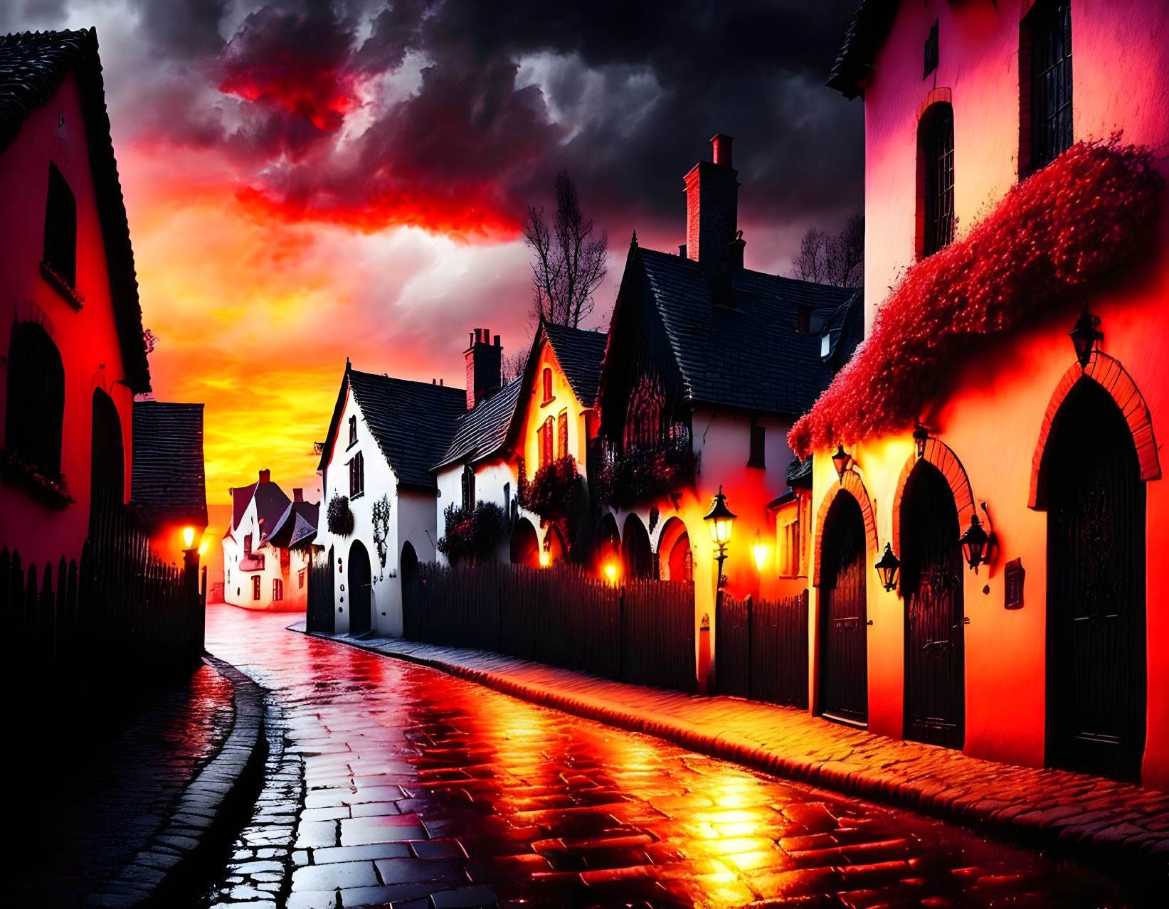 Gorgeous sunset over a medieval alley 
