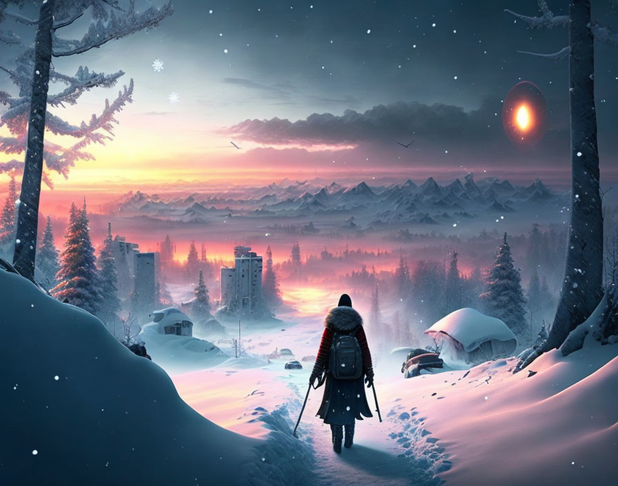 Person in coat gazes at snowy town under surreal sky