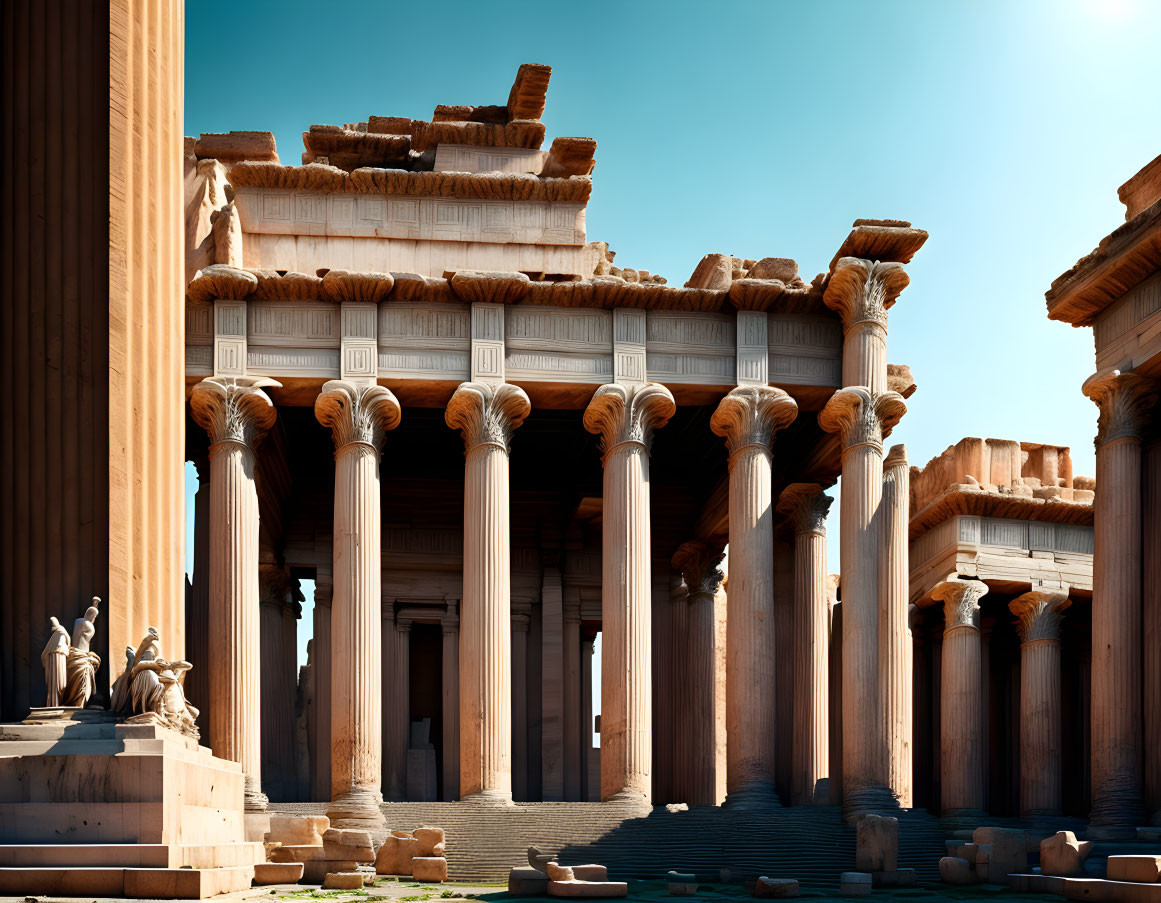 Ancient Greek temple ruins with Corinthian columns and intricate carvings.
