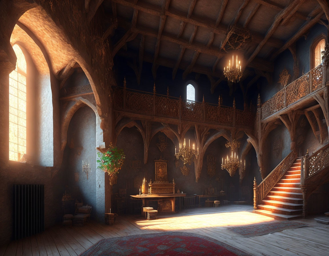 Medieval hall with wooden staircase and chandeliers in sunlight