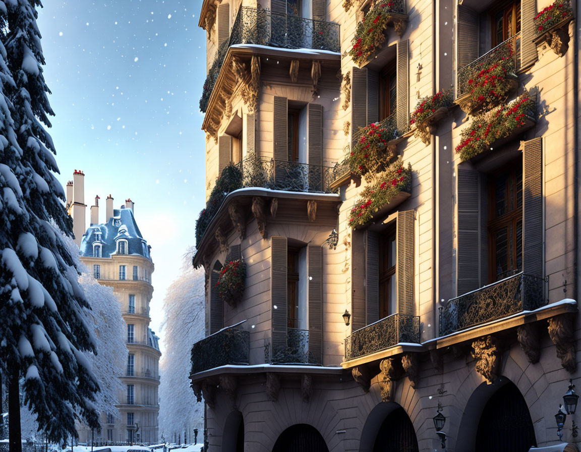Snow-covered Parisian street in winter with festive decorations and serene snowfall