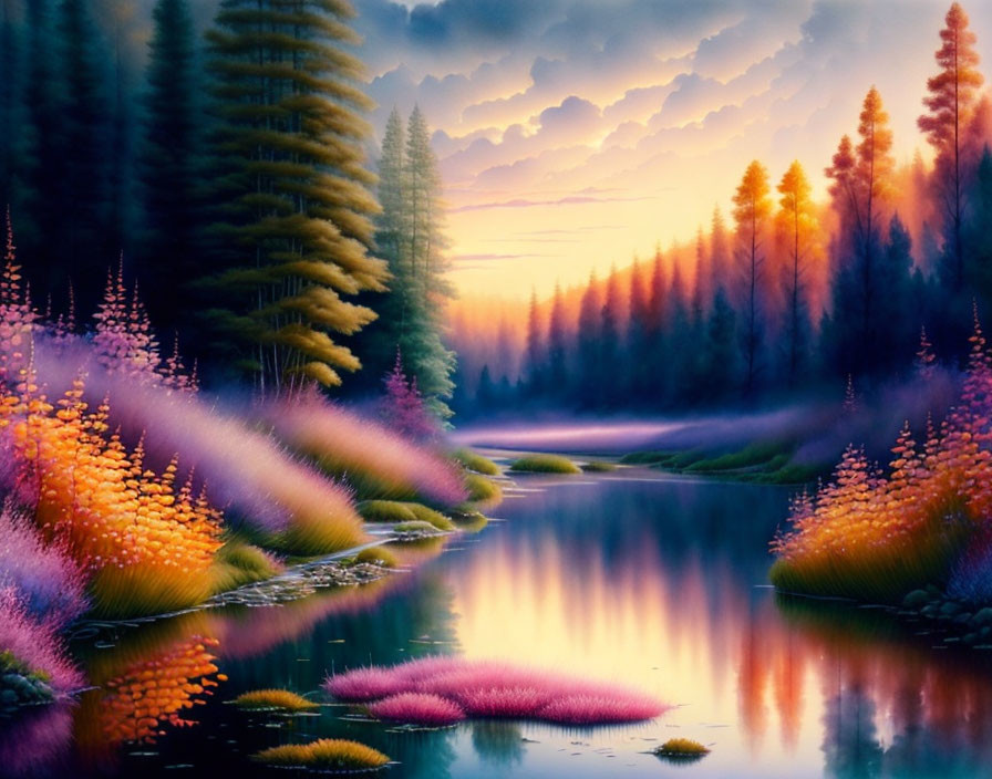 Fantasy landscape digital artwork: serene river, colorful flora, mist, sunset sky