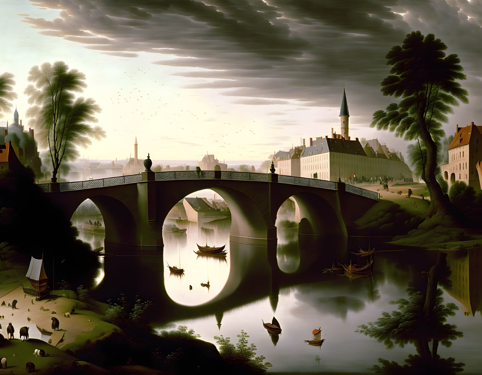 River near a city. 19th century 