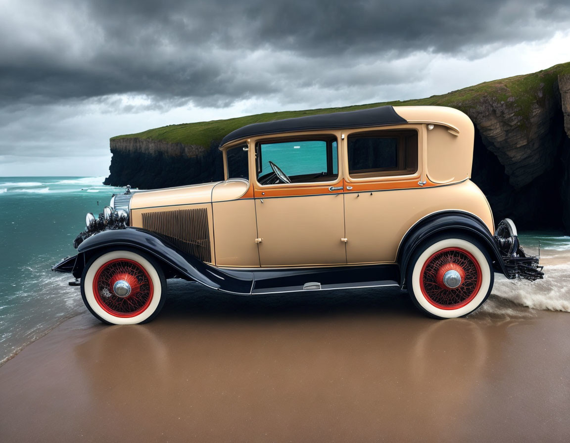Vintage Car Parked on Sandy Beach with Dramatic Cliffs & Cloudy Sky