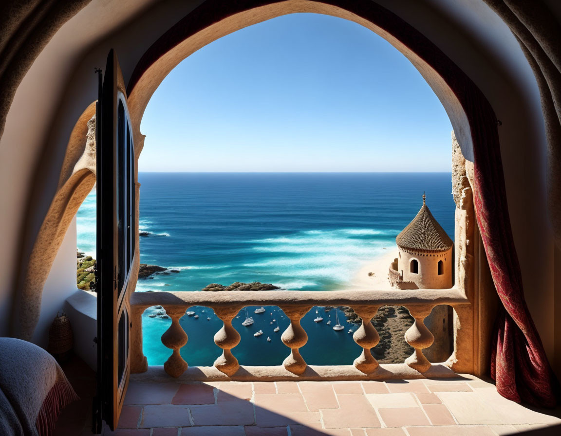 Tranquil ocean view through arched doorway with charming turret and balcony.