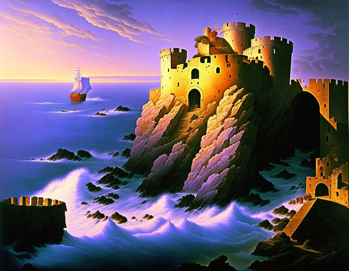 Fantastical painting of castle on cliff with misty waves, sailing ship, and sunset horizon