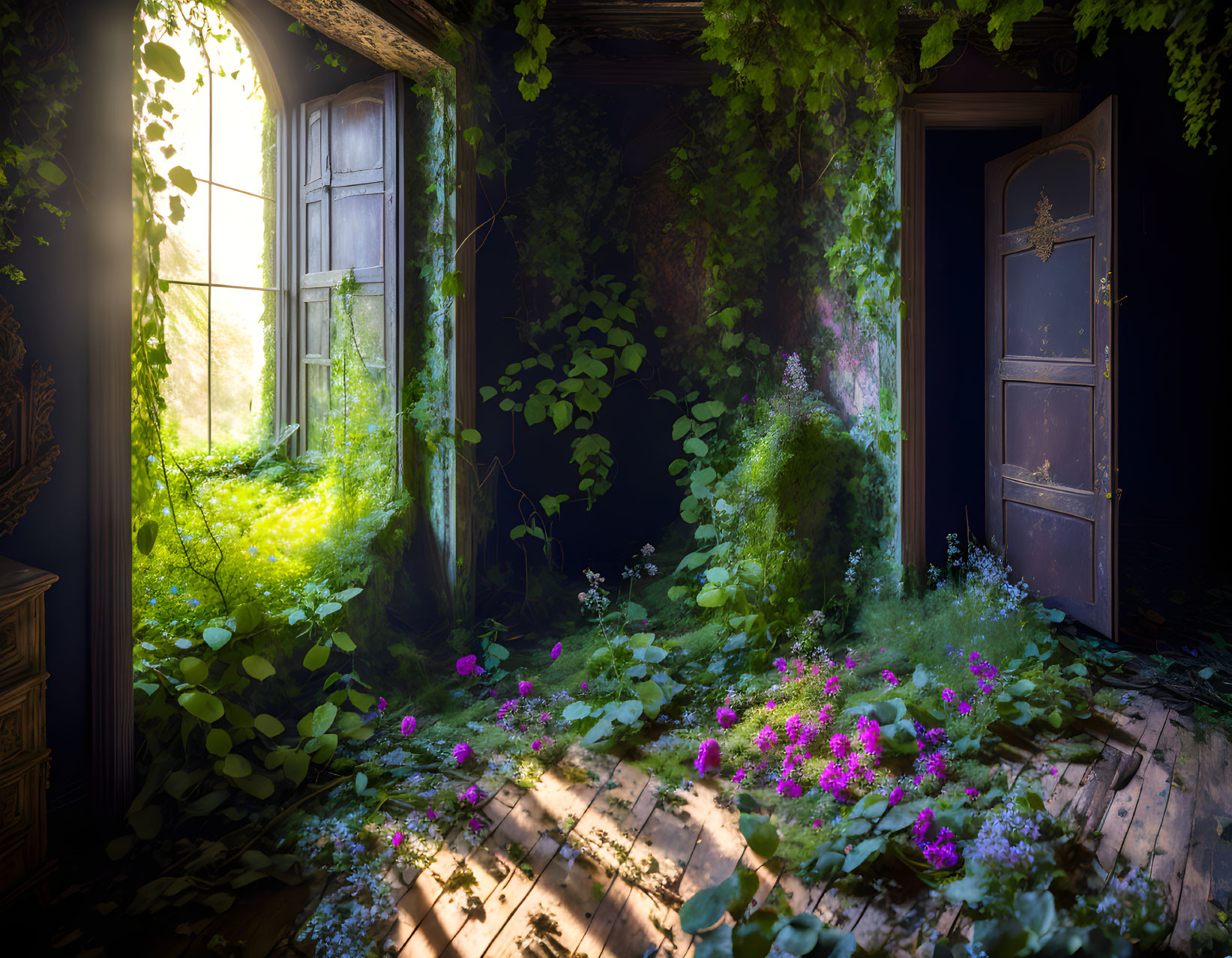 Abandoned room with foliage and purple flowers under sunlight