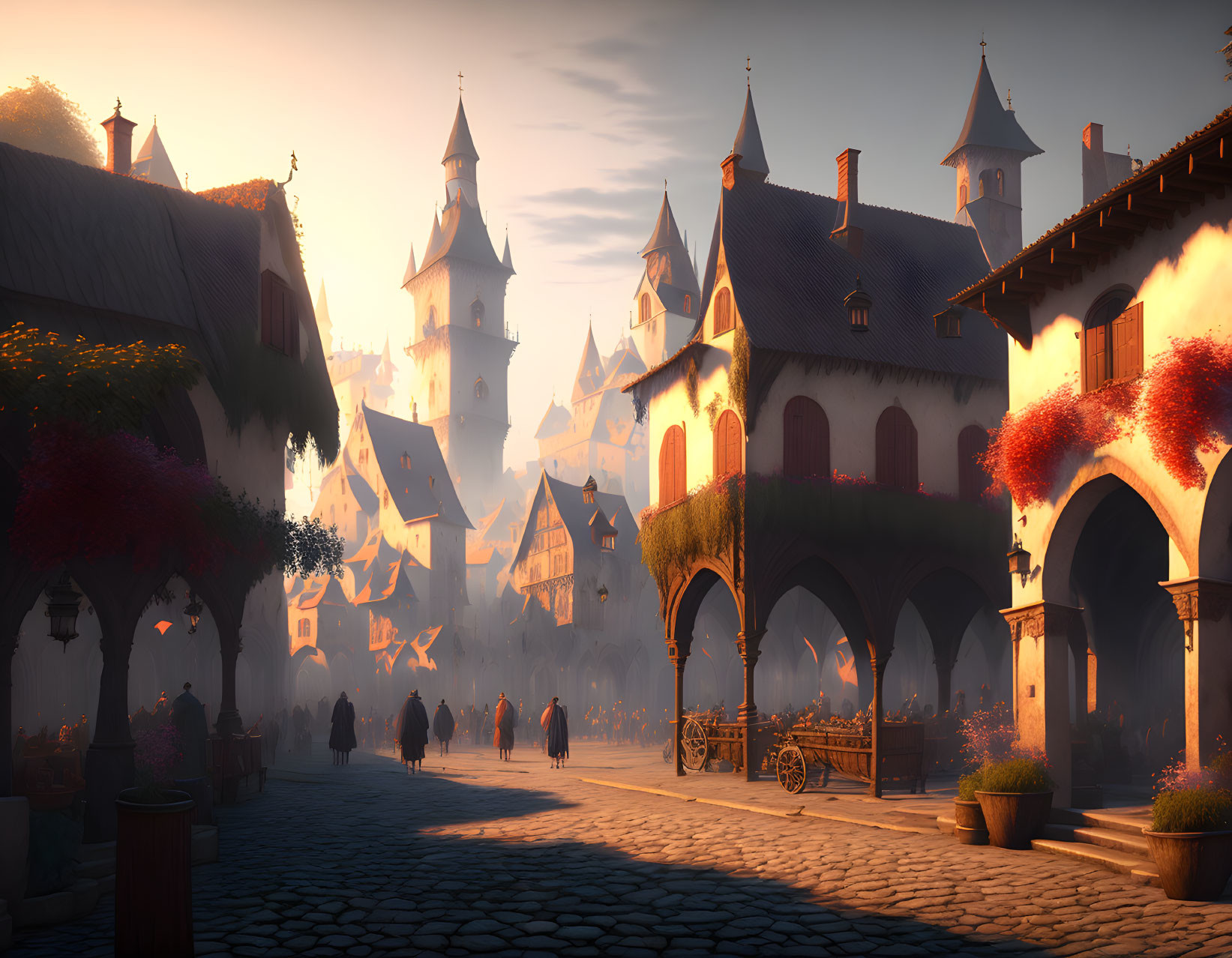 Medieval village at sunset: cobblestone streets, quaint houses, blooming trees.