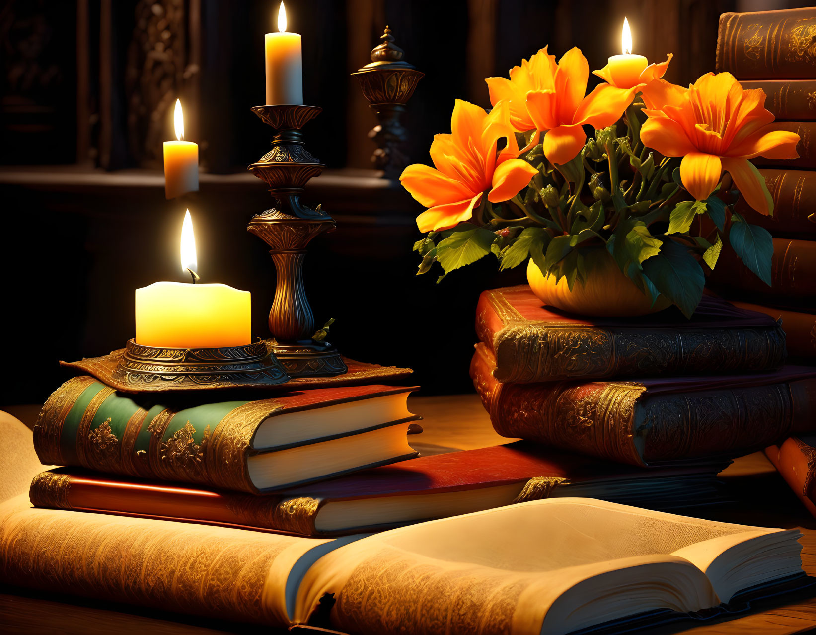 Tranquil setting with candles, orange flowers, and antique books on wooden table