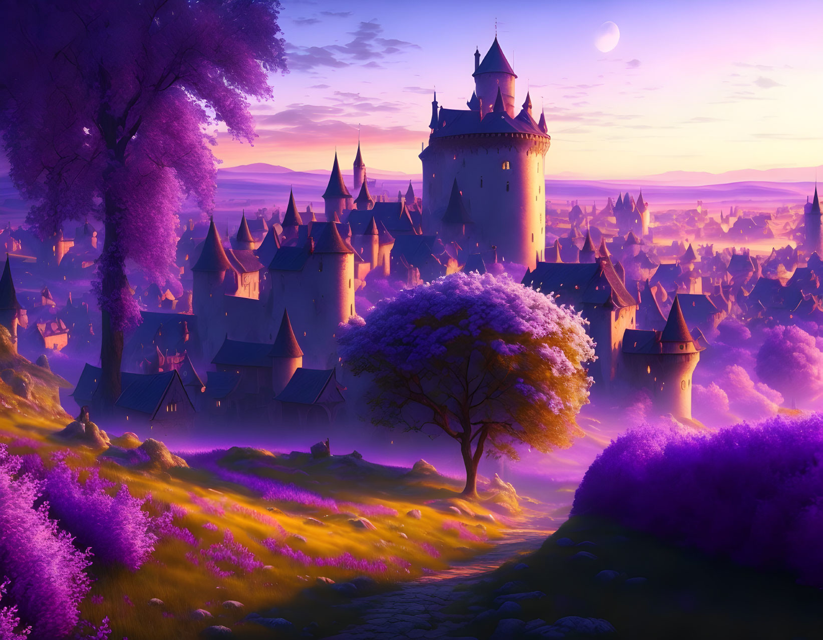 Fantasy landscape: grand castle, purple trees, crescent moon at dusk