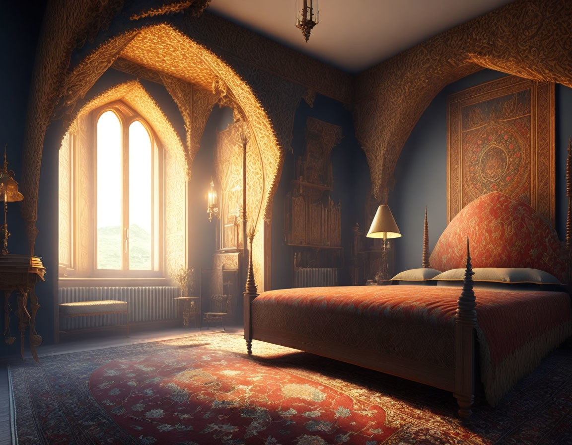 Luxurious Medieval-Style Bedroom with Large Bed and Gothic Window