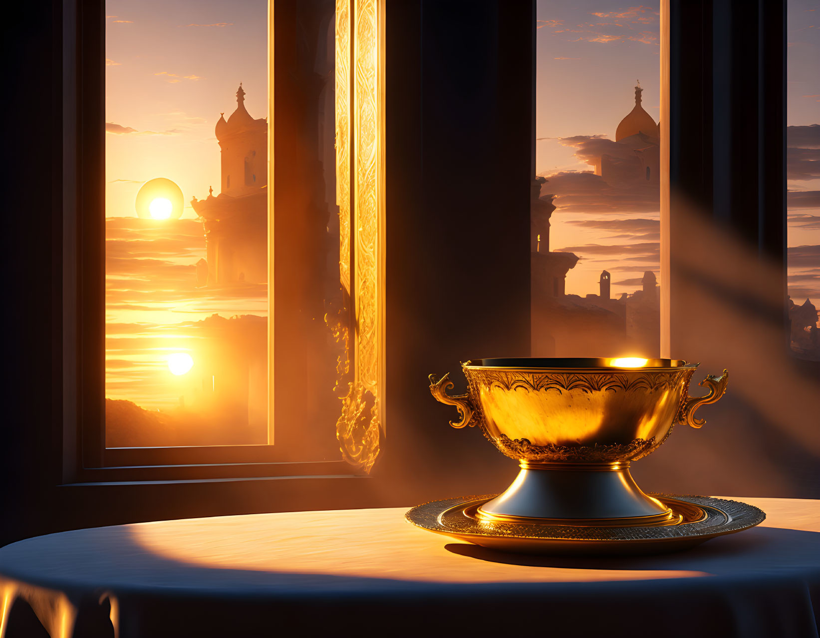 Golden Cup on White Table Near Sunset View of Silhouetted Buildings