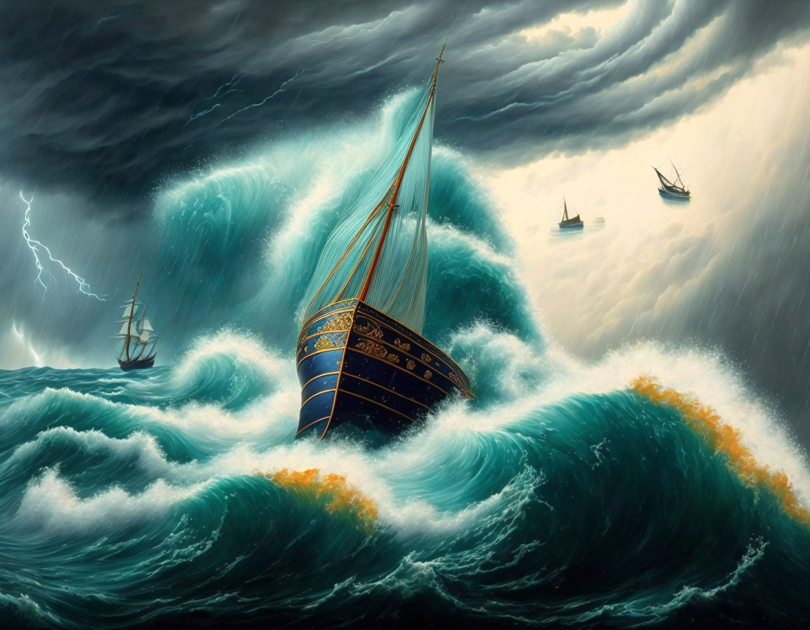 Stormy Seas: Majestic Ship Battling Towering Waves and Lightning