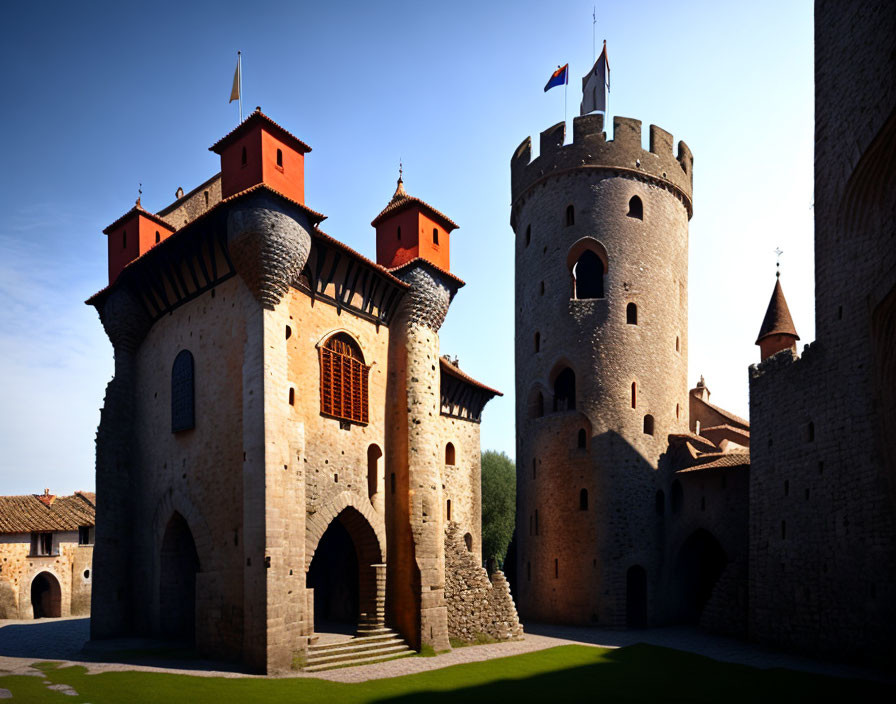 Medieval castle with round tower, turrets, courtyard, and flags under clear sky