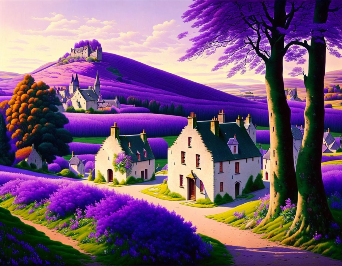 Scenic landscape with lavender fields, cottages, castle, trees, and sunset sky