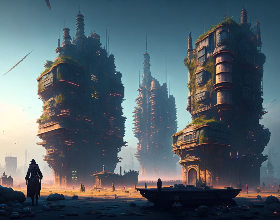 Figure in futuristic cityscape with monolithic buildings and flying vehicles