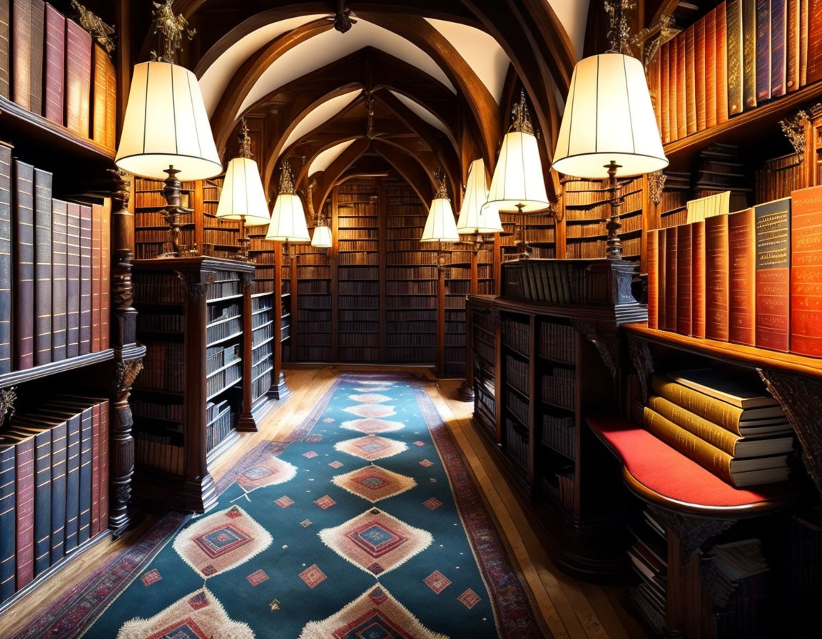 Traditional Library with Arched Ceilings and Wooden Bookshelves