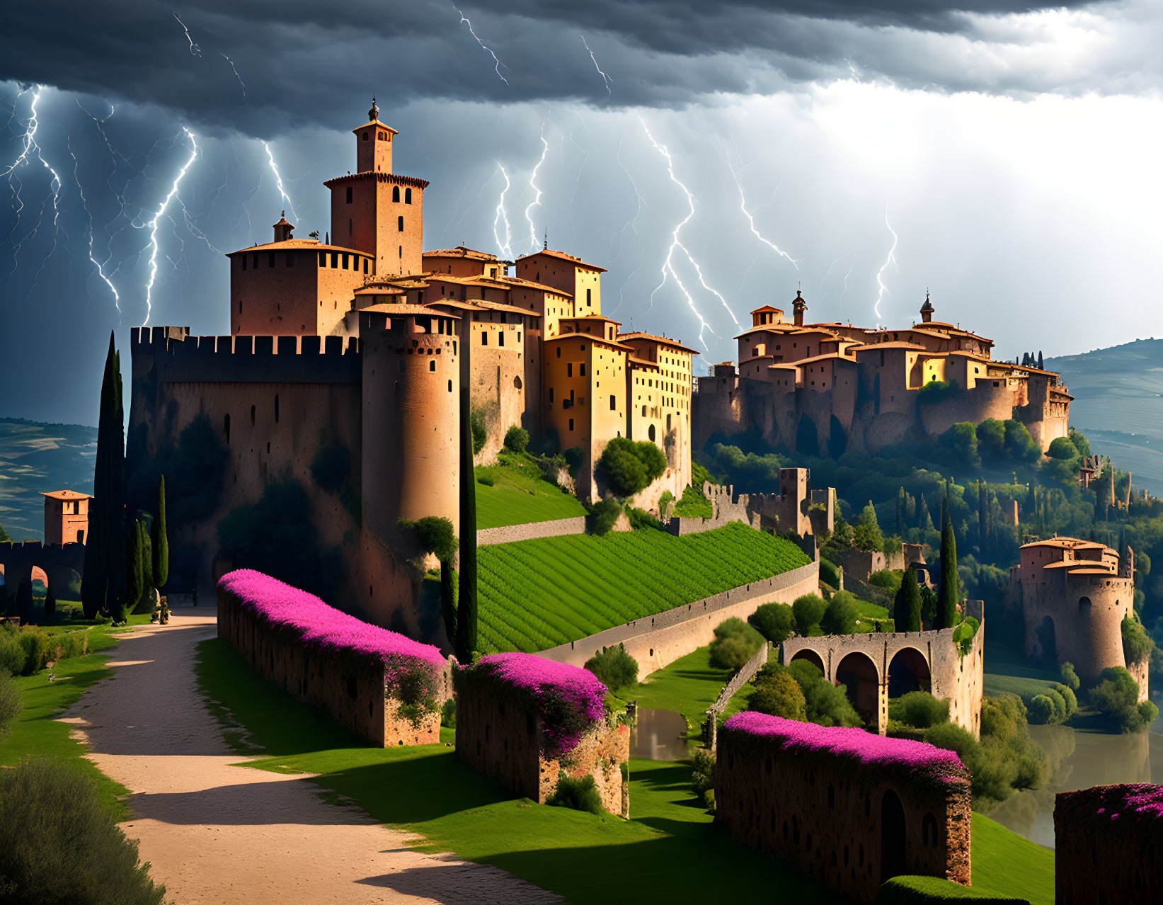 Majestic castle on hill with lush greenery and purple flowers under dramatic lightning-filled sky