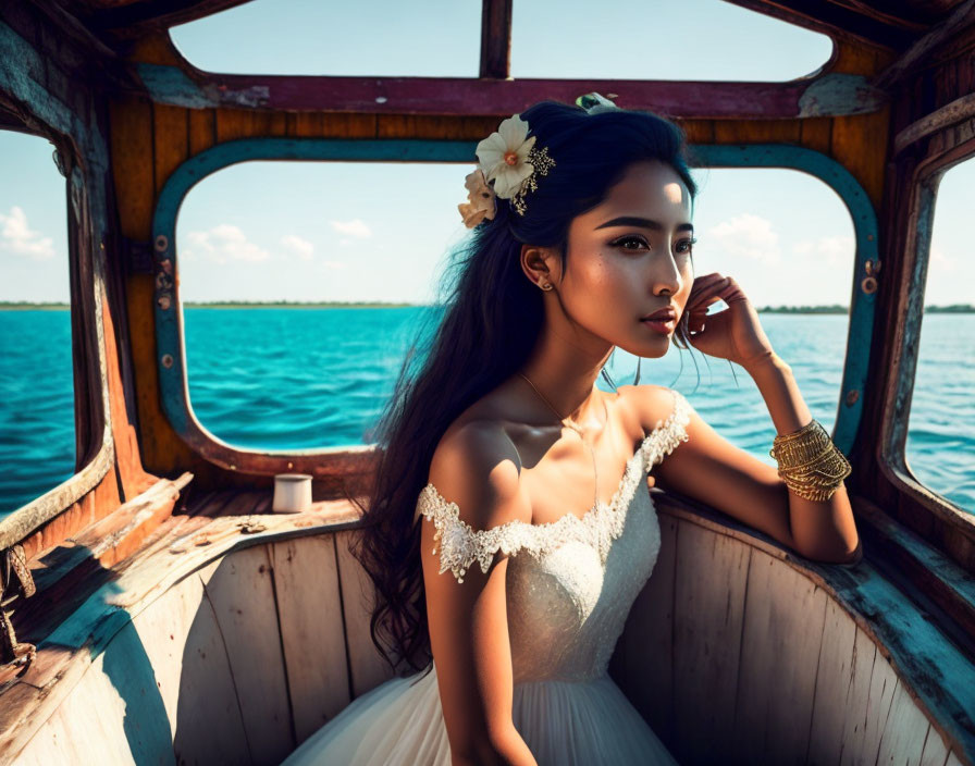 Woman in white dress with floral hair adornment sitting in boat cabin, gazing into distance.