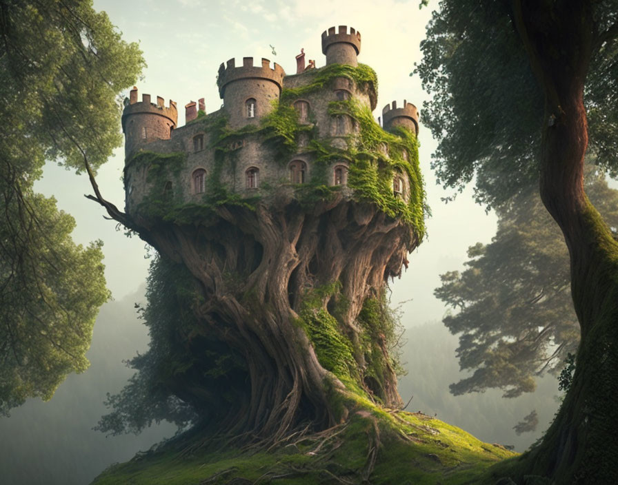Castle with multiple towers on ancient tree in misty forest
