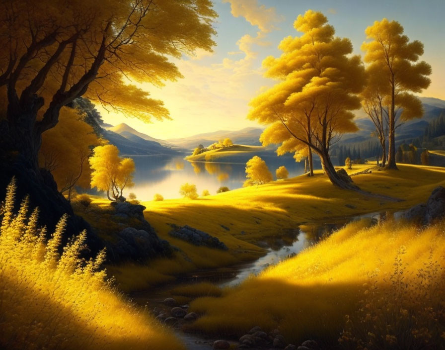 Tranquil sunset scene with golden trees, lake, hills, and creek