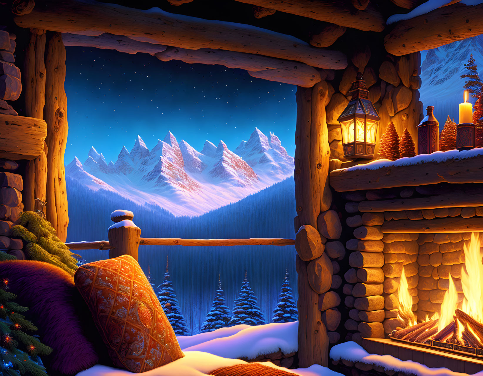 Warm Fireplace & Snowy Mountain View in Cozy Cabin