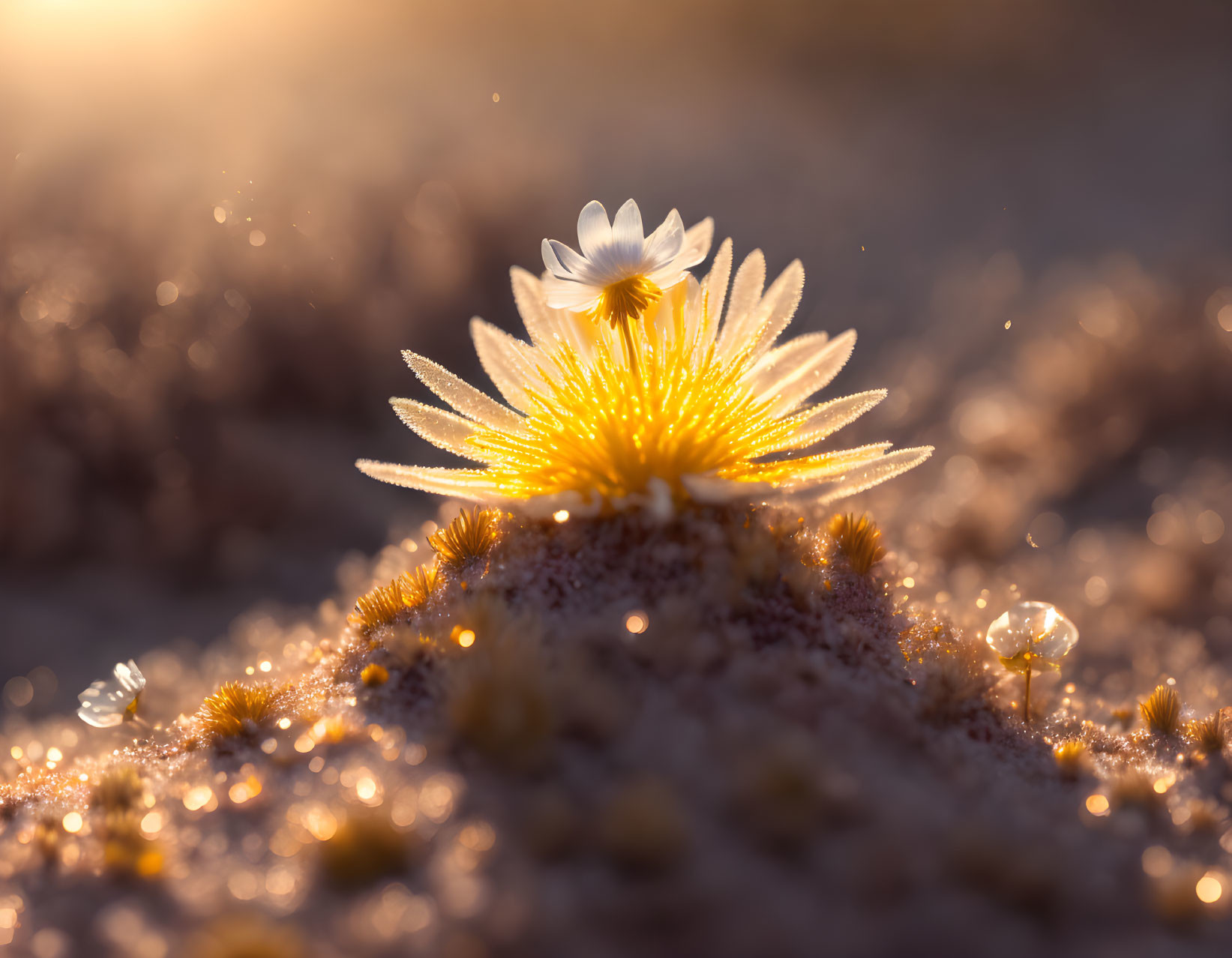 Yellow Flower with Dew in Golden Sunlight and Buds on Soft Background