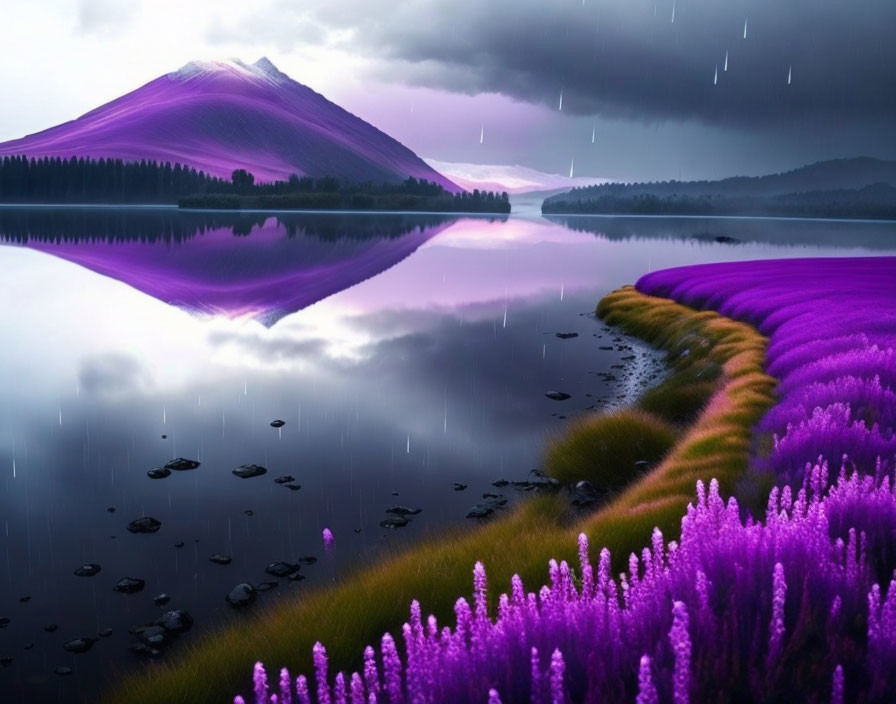 Purple mountain reflected in serene lake with stormy sky and vibrant flowers.
