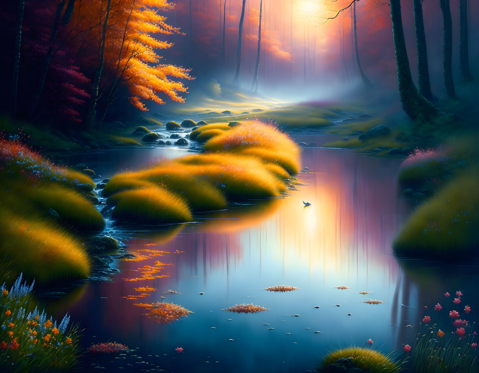 Tranquil forest scene with serene river, mossy rocks, autumn trees, hazy sunlight,