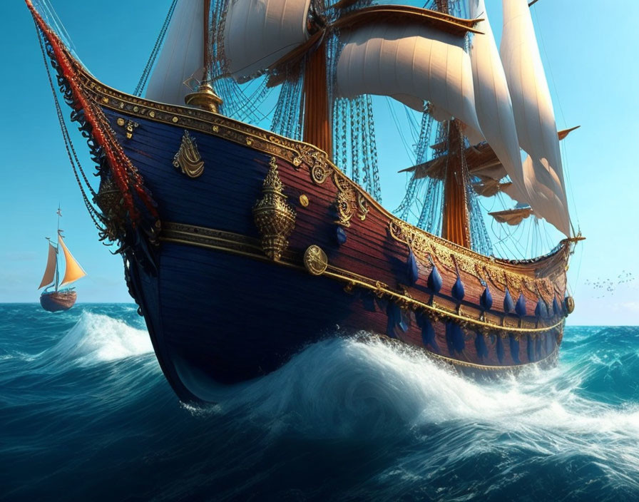 Ornate sailing ship with blue and gold details on ocean waves