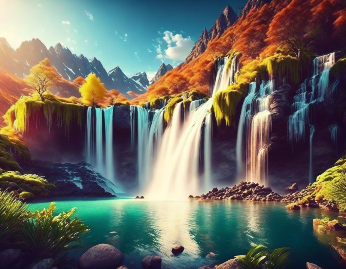 Scenic waterfall landscape with turquoise pool and colorful foliage