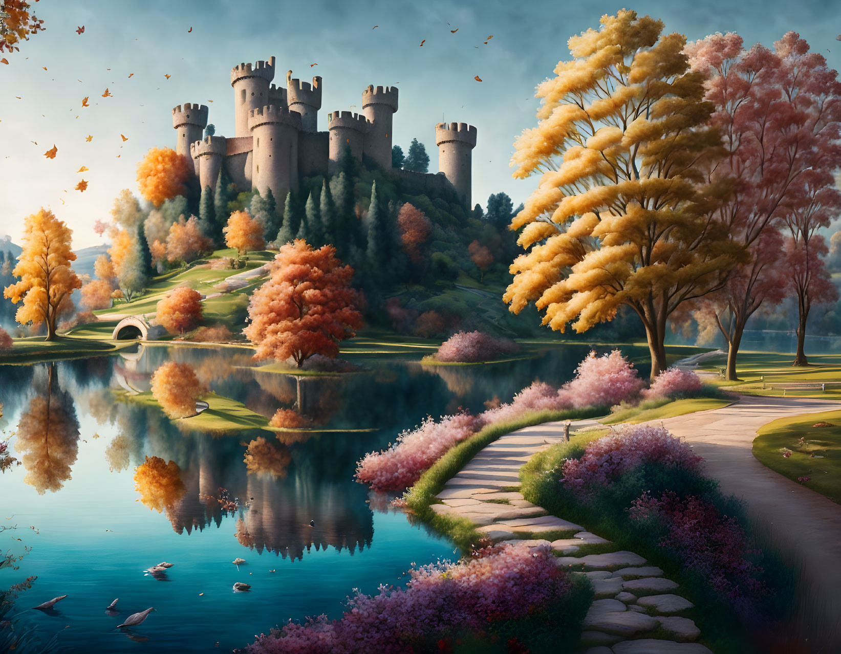 Majestic castle on hill surrounded by autumn landscape and tranquil lake