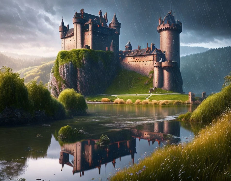 Medieval castle with towers on green hill in rainy landscape